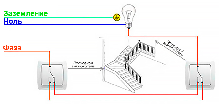 Схема проходного выключателя с двух мест