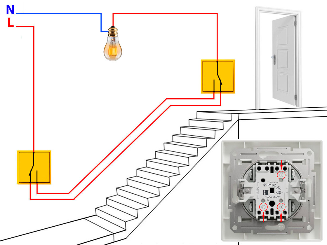 Проходной выключатель схема подключения на 2 точки