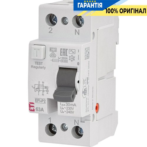 Реле диференційне (ПЗВ) 2р EFI-P2 63/0,03 тип AC (10kA), ETI 2061213