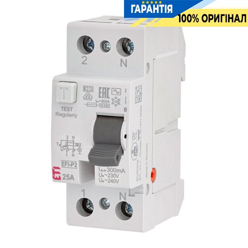 Дифференциальное реле (УЗО) 2р EFI-P2 25/0,3 тип AC (10kA), ETI 2061231