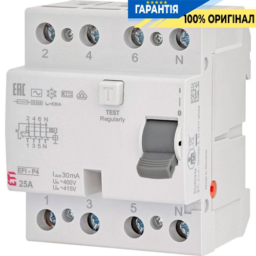 Дифференциальное реле (УЗО) 4р EFI-P4 25/0,03 тип AC (10kA), ETI 2061611