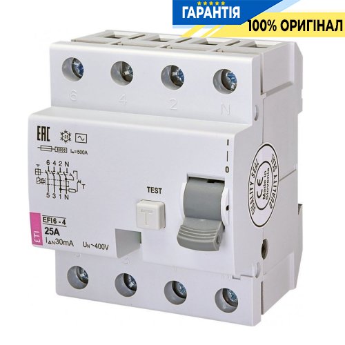 Реле диференційне (ПЗВ) 4р EFI6-P4 40/0,03 тип AC (6kA), ETI 2061652