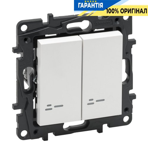 Перемикач 2-кл з підсвічуванням 10А, автоматичні клеми, Legrand Niloe Step 863118, білий