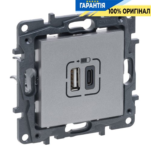 Розетка USB Тип А+C 12Вт+15Вт 5 В Legrand Niloe Step 863340, алюминий