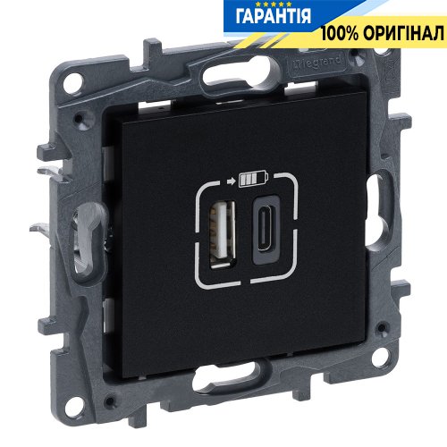 Розетка USB Тип А+C 12Вт+15Вт 5 В Legrand Niloe Step 863540, чорний