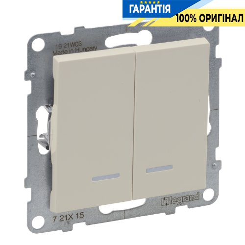 Вимикач 2-кл з підсв. (пруж.клеми) 10А/250V Legrand Suno 721215 слонова кістка