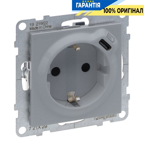 Розетка із з/к та захист. шторками + USB С 1,5А/5V Legrand Suno 721329 алюміній