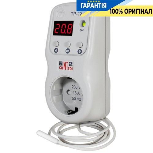 Терморегулятор в розетку с функцией реле напряжения, 16А (ТР-12-2) , датчик снизу 1,8м Novatek (Новатек) NTTR12002