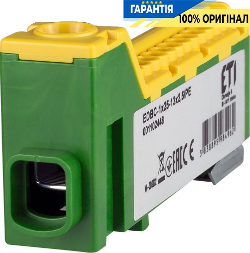 Розподільний блок EDBC-1x25-13x2,5/PE (63A, 1000V AC/1500V DC, IN: 1x25, OUT: 13x2,5; жовт.-зел.) ETI 1102448