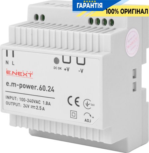 Блок питания на DIN-рейку E.NEXT e.m-power.60.24 60 Вт, 24 В DC, артикул i083005