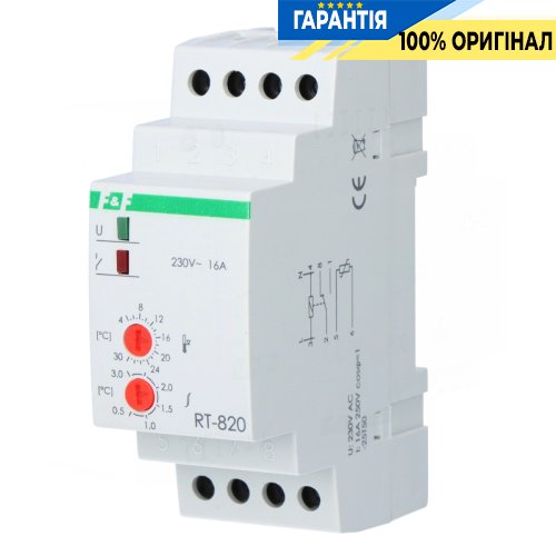 Регулятор температури F&F RT-820 DIN 1ПК 16А 230V/AC, діапазон -4…+30°C