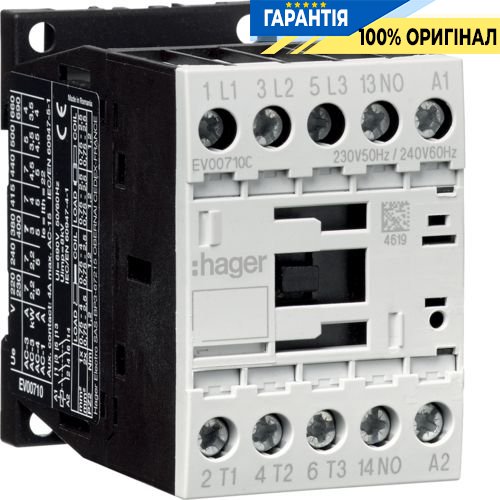 Контактор корпусный 3P+1НО, 230В AC, 7А AC-3, Hager EV00710C