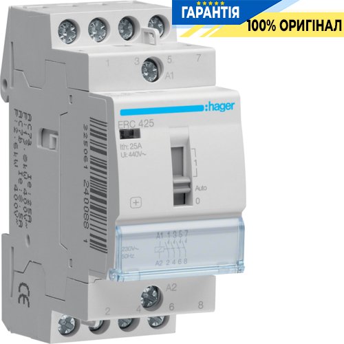 Контактор с ручным управлением 25A, 4НО, 230В Hager ERC425