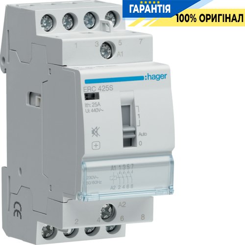 Контактор безшумний з ручним керуванням 25A, 4НО, 230В Hager ERC425S