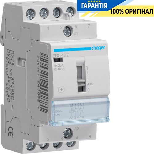 Контактор з ручним керуванням 25A, 2НО+2НЗ, 230В Hager ERC427