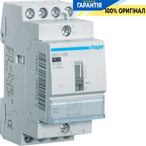 Контактор с ручным управлением 25A, 3НО+1НЗ, 230В Hager ERC428