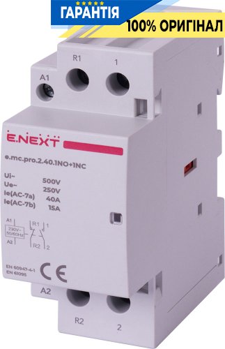 Модульный контактор E.NEXT e.mc.pro.2.40.1NO+1NC, 2 полюса, 40А, 1NO+1NC, 220В, p005226