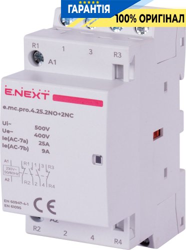 Модульний контактор E.NEXT e.mc.pro.4.25.2NO+2NC, 4 полюси, 25А, 2NO+2NC, 220В, p005222