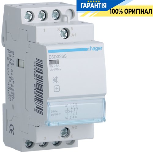 Контактор безшумний Hager ESD326S 25A, 3Н.З, 24V для електромереж