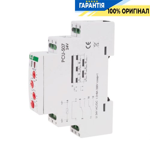 Реле часу циклічне PCU-507-24V F&F, 2 перемикаючі контакти 8А, 24V AC/DC, монтаж на DIN-рейку