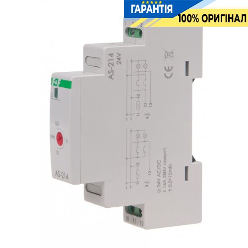 Реле сходове F&F AS-214, 1 модуль, DIN-рейка, 1НО 24V AC/DC 16А, затримка 0,5-10 хв