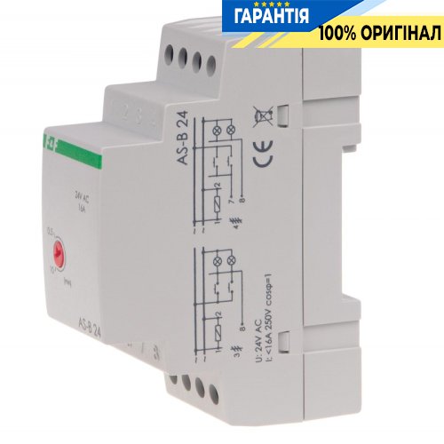 Реле сходове F&F AS-B24, 2 модулі, DIN-рейка, 1НО, 24V AC/DC, 16А, затримка 0,5-10 хв