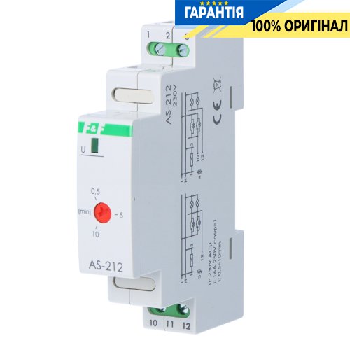 Реле сходове F&F AS-212, 1 модуль, DIN-рейка, 1НВ, 230В/16А, затримка 0,5-10 хв