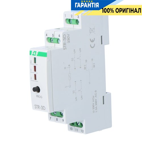 Реле управления роллетами F&F STR-3D, двухкнопочное, DIN, 100-265VAC, 8A(AC-1)/2A(AC-3), время 1с–15мин