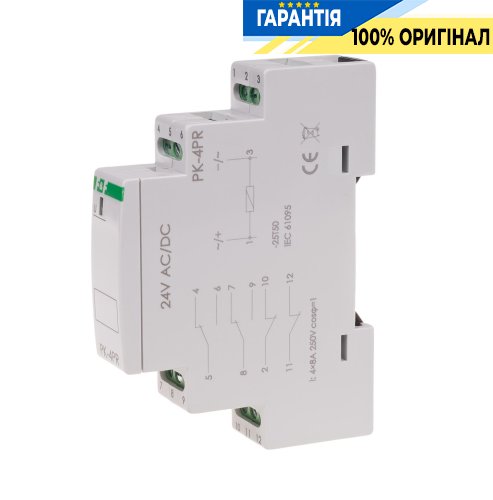 Электромагнитное реле F&F PK-4PR-24V 2xNO/NC+2NC 4х8А 24V AC/DC на DIN-рейку