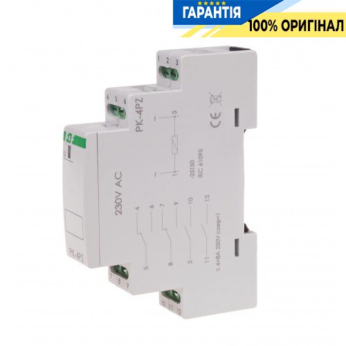 Электромагнитное реле F&F PK-4PZ-230V 2xNO/NC+2NO 16А 230В AC на DIN-рейку