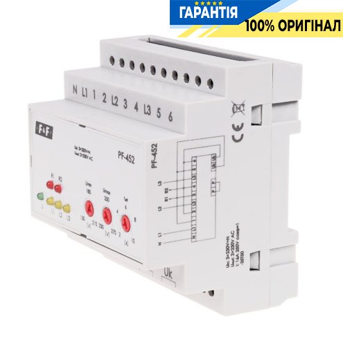 Автоматичний перемикач фаз PF-452 F&F, 3×(50–450 В) + N, 16А, DIN-регулювання напруги