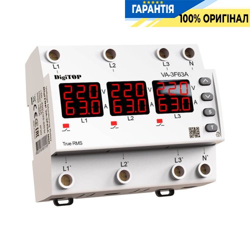 Реле напряжения и тока трехфазное DigiTop VA-3F63A M6R 63А с красным индикатором