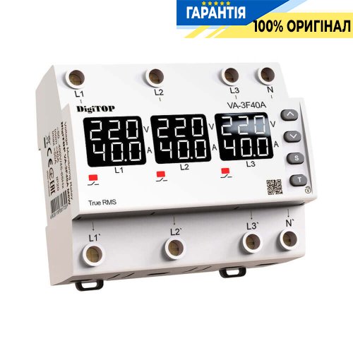 Реле напряжения и тока трехфазное DigiTOP VA-3F40A M6W 40А с белым индикатором