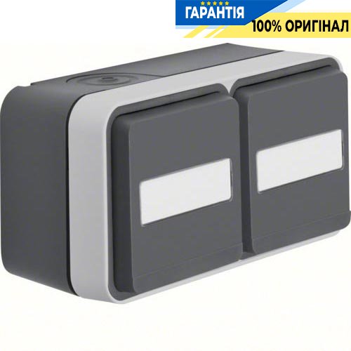 Розетка з з/к подвійна горизонтальна, поле д/напису, IP55, сірий, 16А/250В Berker W.1 47753555