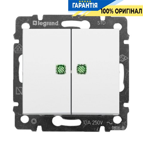 Переключатель 2-клавишный «с подсветкой» (проходной) Legrand Valena 774212, белый