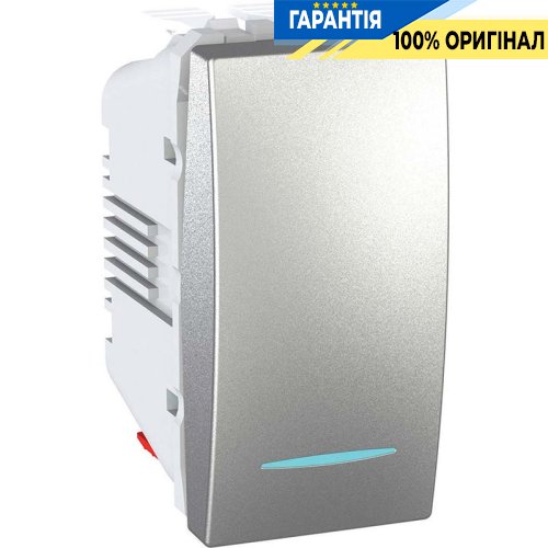 Перемикач прохідний 1-кл c підсвічуванням 1-модуль, Schneider Electric Unica MGU3.103.30N, Алюміній металік
