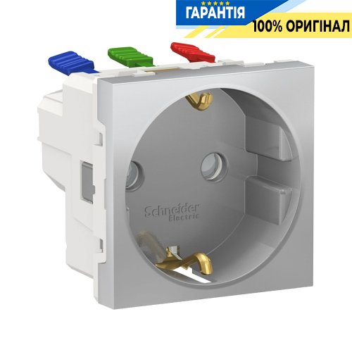 Розетка із заземленням, з шторками, з швидкозатискними клемами, 16 А, 250 В, Schneider Electric Unica New NU305730, Алюміній