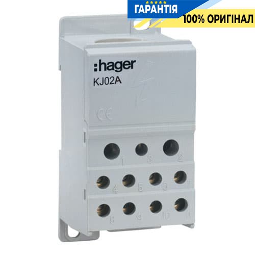 Распределительный блок 1-полюсный, 250А,ввод 1х95мм2, виход 2х25х16 і 4х10мм2, din-рейка, Hager KJ02A