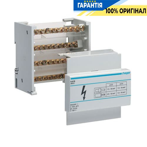 Распределительный блок 4-полюсный,80А, din-рейка, вход 1х16мм2 выходы 8х10мм2 Hager KJ01B