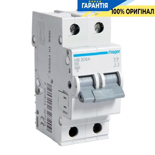 Автоматический выключатель Hager MB206A 6А, 2п, B, 6 кА