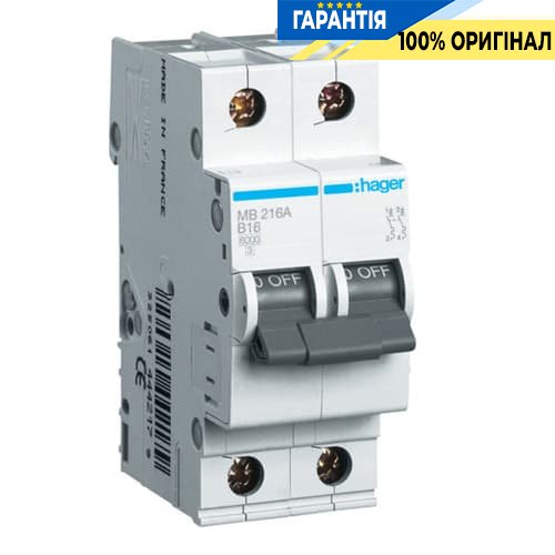 Автоматический выключатель Hager MB216A 16А, 2п, B, 6 кА