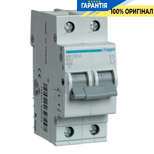 Автоматический выключатель Hager MB220A 20А, 2п, B, 6 кА