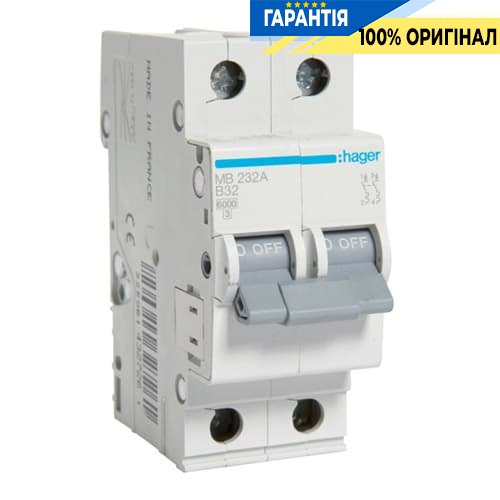 Автоматичний вимикач Hager MB232A 32А, 2п, B, 6 кА