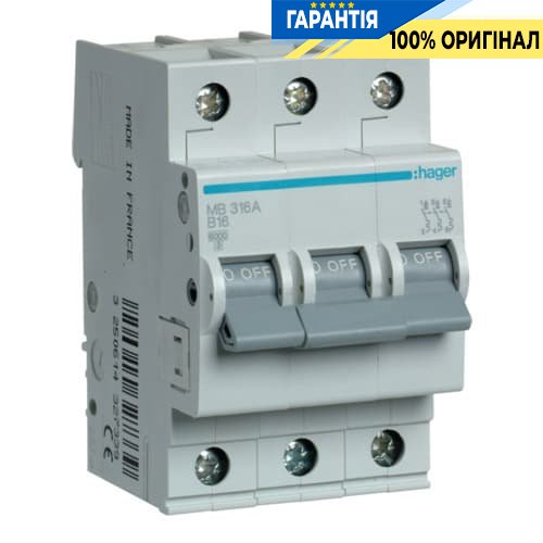 Автоматичний вимикач Hager MB316A 16А, 3ф, B 6 кА