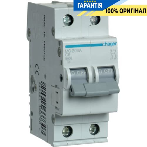 Автоматичний вимикач Hager MC206A 6А, 2п, C, 6 кА