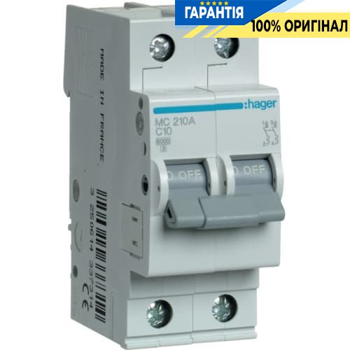 Автоматический выключатель Hager MC210A 10А, 2п, C, 6 кА