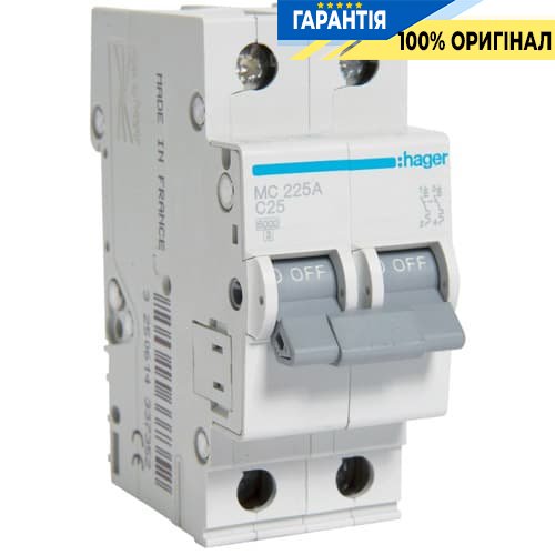 Автоматичний вимикач Hager MC225A 25А, 2п, C, 6 кА