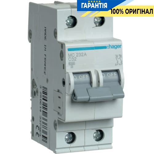Автоматичний вимикач Hager MC232A 32А, 2п, C, 6 кА