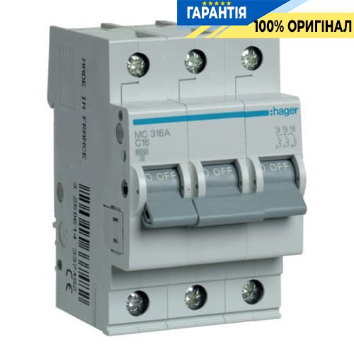 Автоматический выключатель Hager MC316A 16А, 3ф, С 6 кА