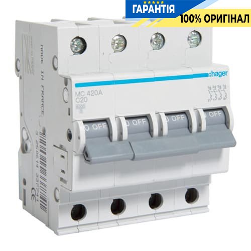 Автоматичний вимикач 4-х полюсний Hager MC420A 20 А, 3ф З 6 кА
